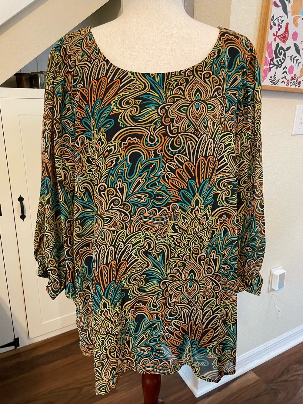 Bob Mackie Boho Paisley Tunic Blouse – Multicolor Teal & Orange Butterfly Sleeve